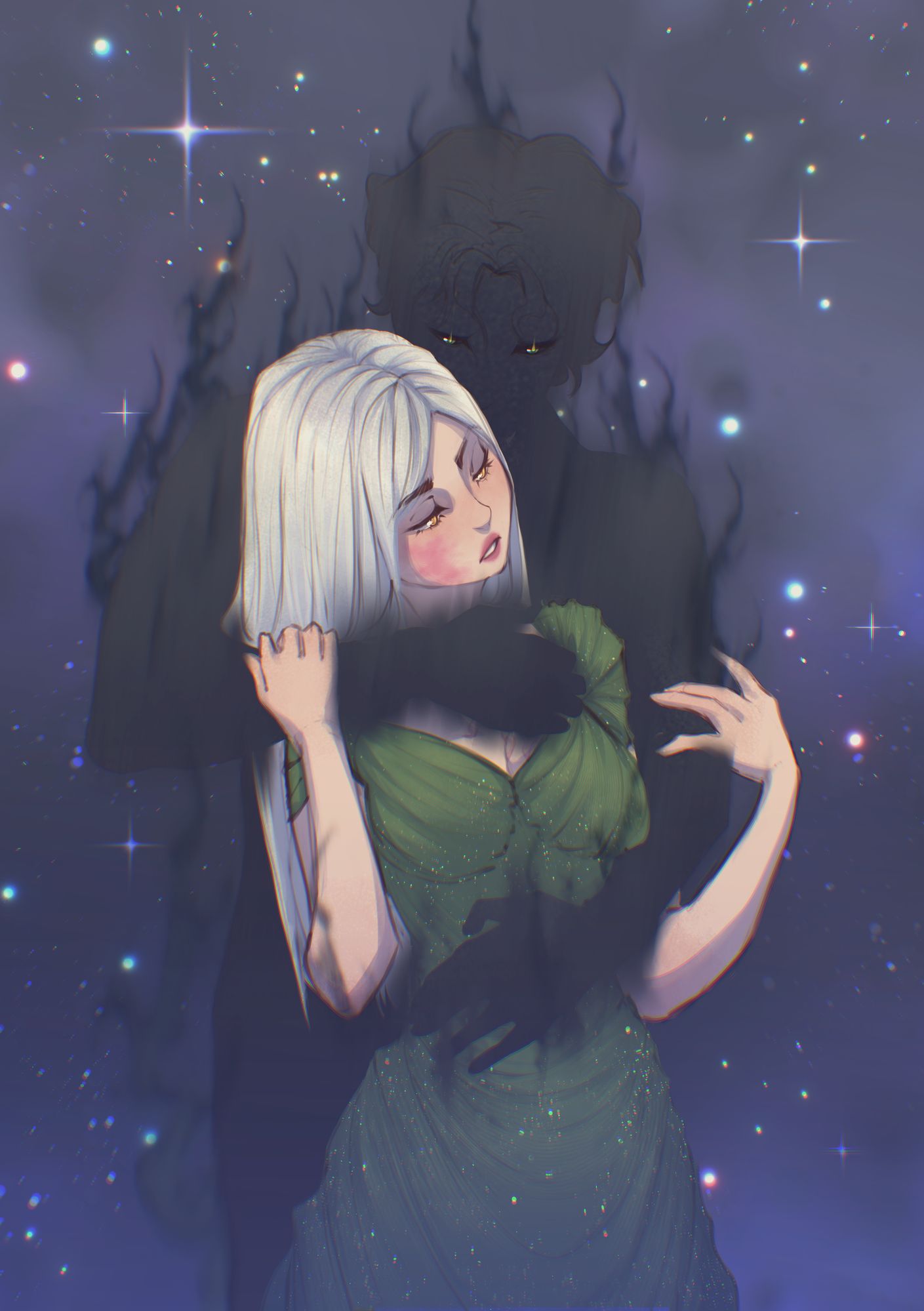 White-haired maiden with a shadowed figure among the stars