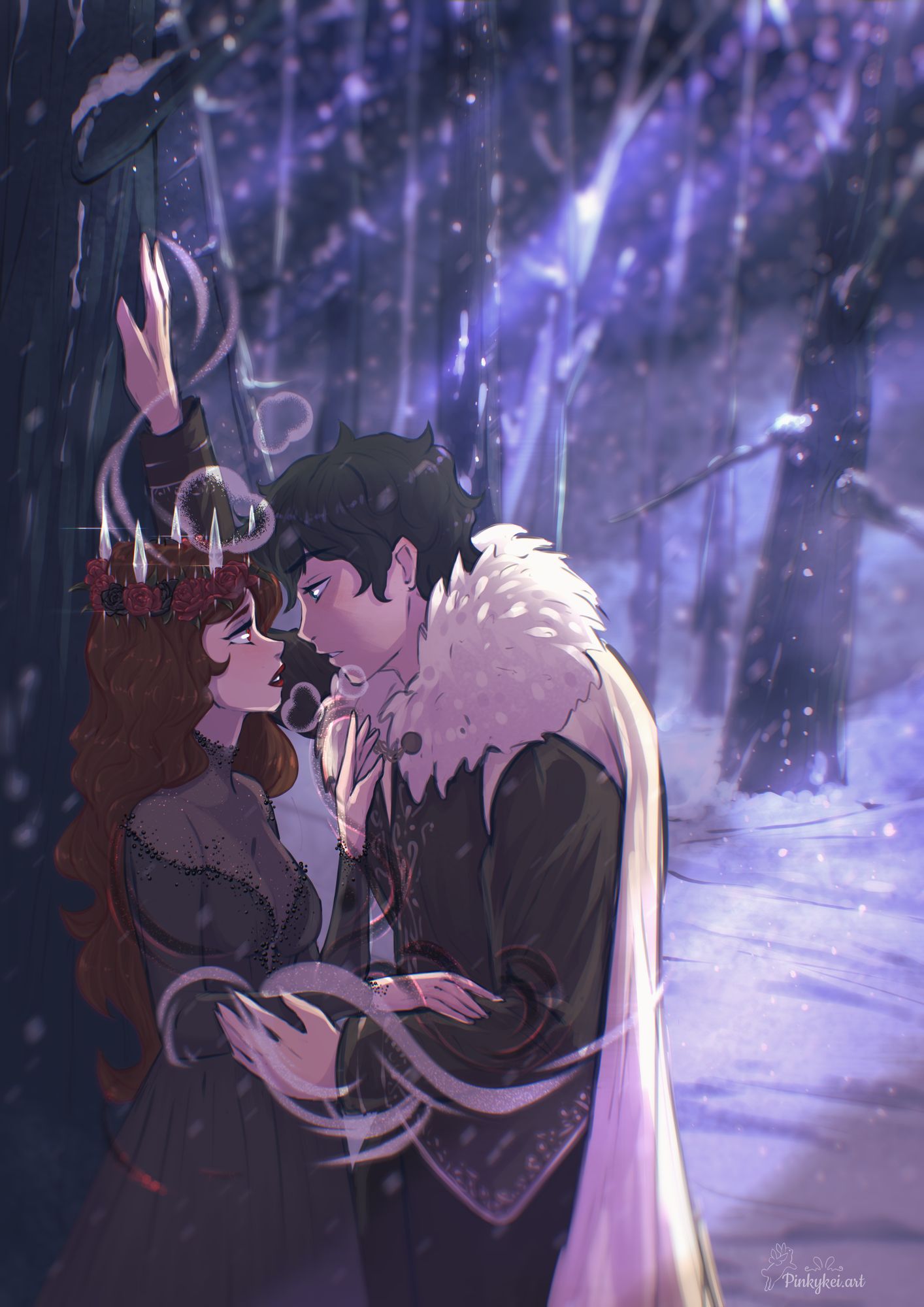 Crowned lovers in a snowy forest
