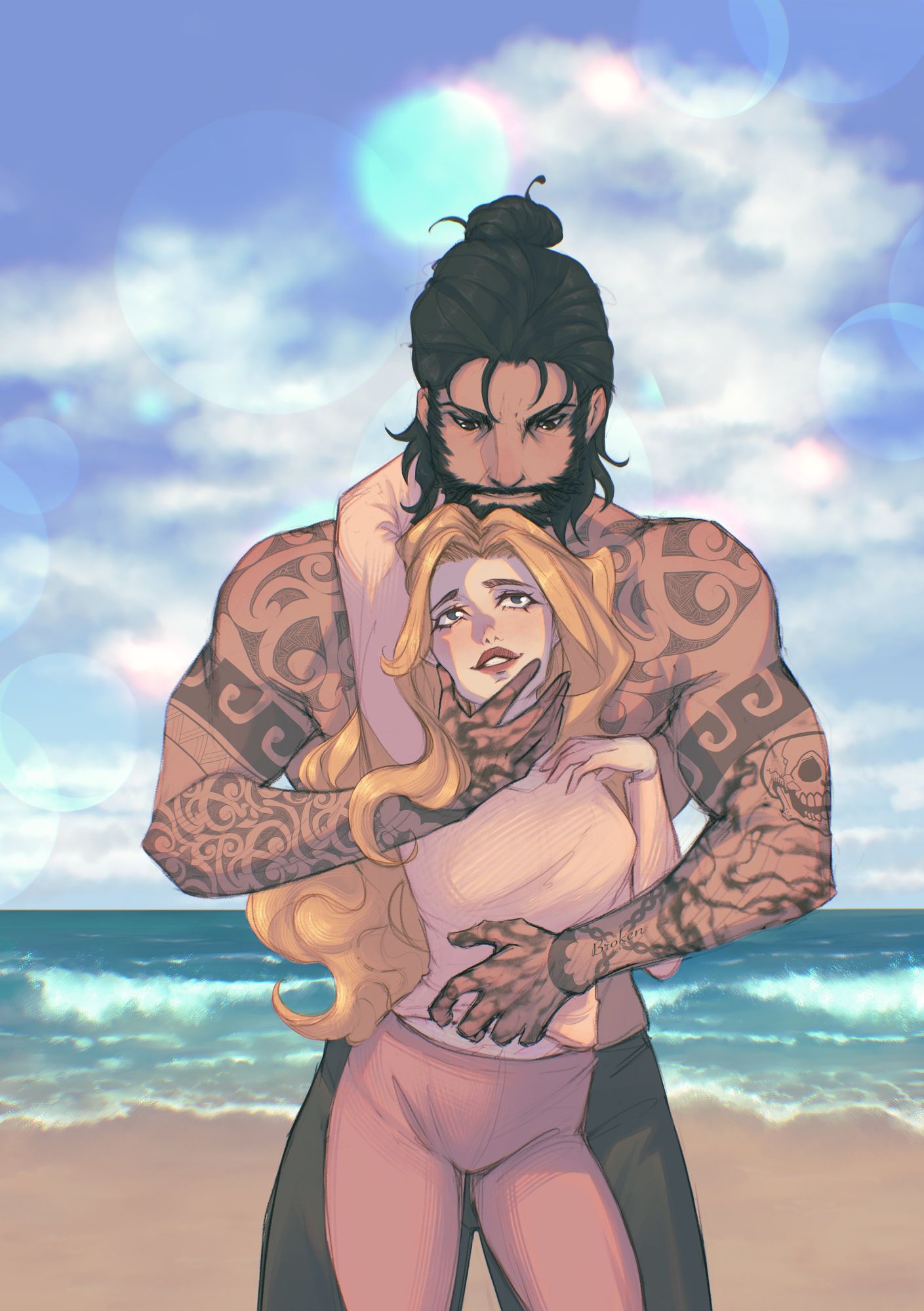 Tattooed warrior embracing his love on the shore